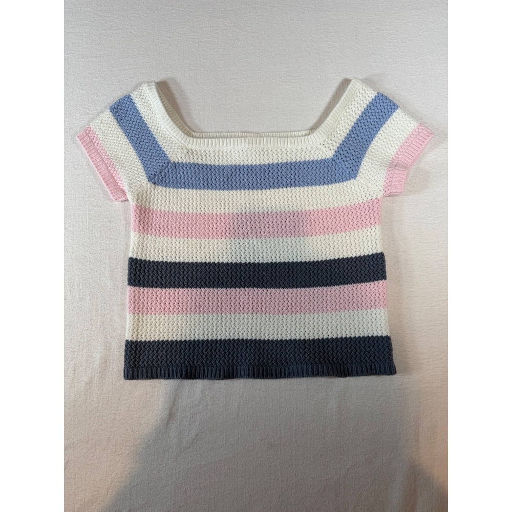 Full Tilt Women Pastel Striped Knit Square Neck Short Sleeve Crop Top Sweater
